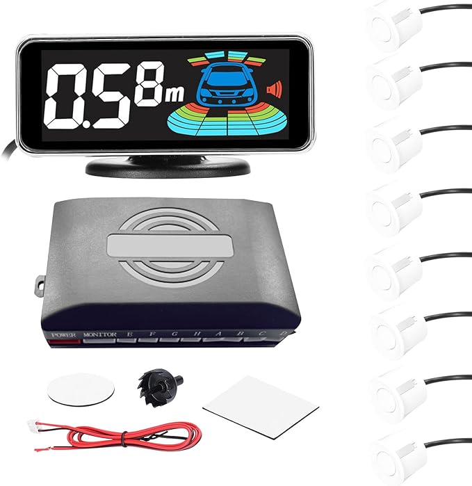 Shkalacar Car Parking Sensors, 8 Sensors Kit Parking Sensors, LCD Distance Display Acoustic Car Reverse Backup System, LED Light Distance Display Warning Buzzer