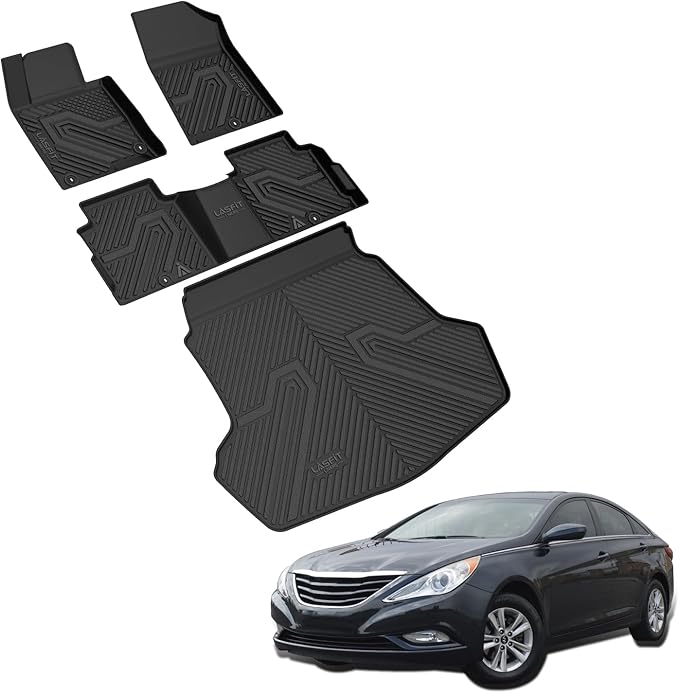 LASFIT Floor Mats & Cargo Mat for Hyundai Sonata 2015-2019 & KIA Optima 2016-2020 (Not Fit Hybrid/PHEV), All Weather TPE Custom Fit Floor Liners & Trunk Mat for Optima & Sonata Car Accessories, Black