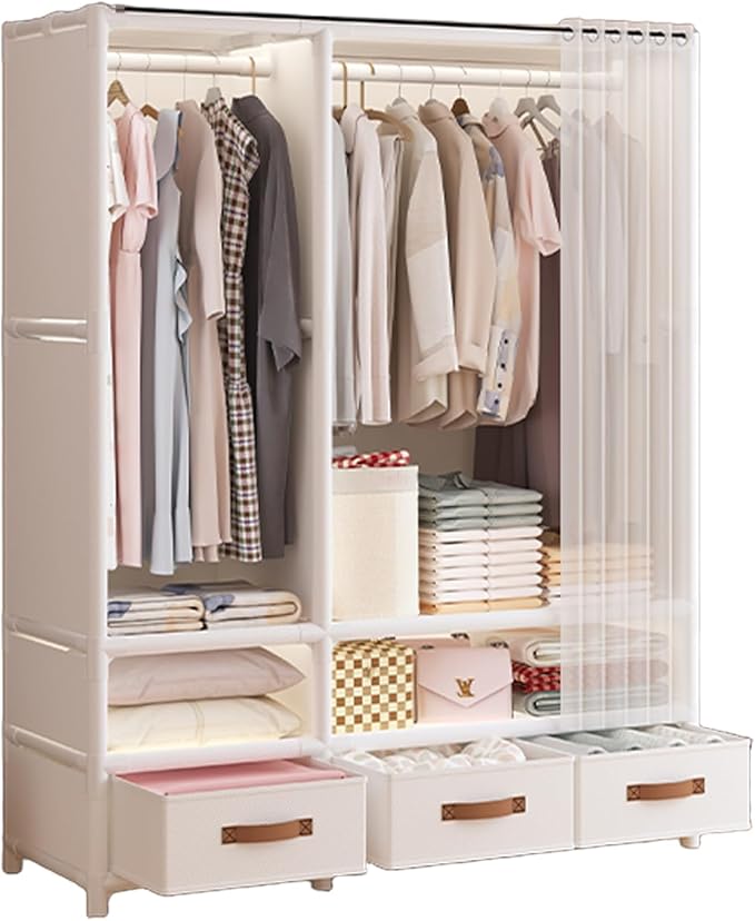 Portable Closet,Portable Closets for Hanging Clothes,Japanese Style Wardrobe Clothing Rack with 3 Drawers,1 Hanging Rods and 