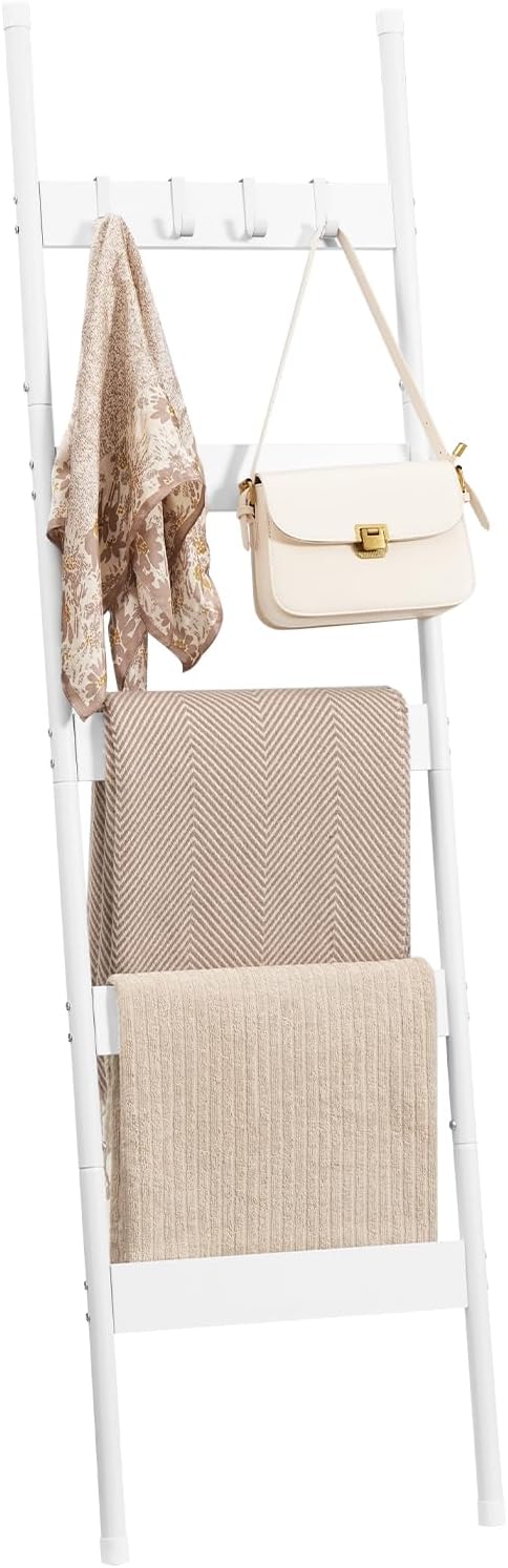 HOOBRO Blanket Ladder, 5-Tier Towel Rack with Hooks, Wall-Leaning Blanket Rack, Decorative Display Ladder Shelf, for Scarves,