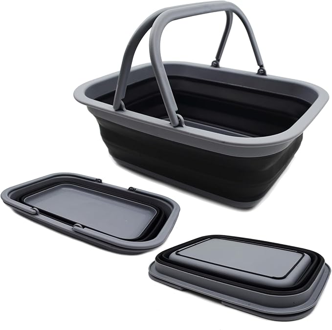 SAMMART Collapsible Washing Tub with Handles 9.2L (2.37Gallon) - Portable Outdoor Picnic Basket/Crate - Foldable Space Saving Storage Container for Dishing, Camping & Home (1, Dark Grey/Black)