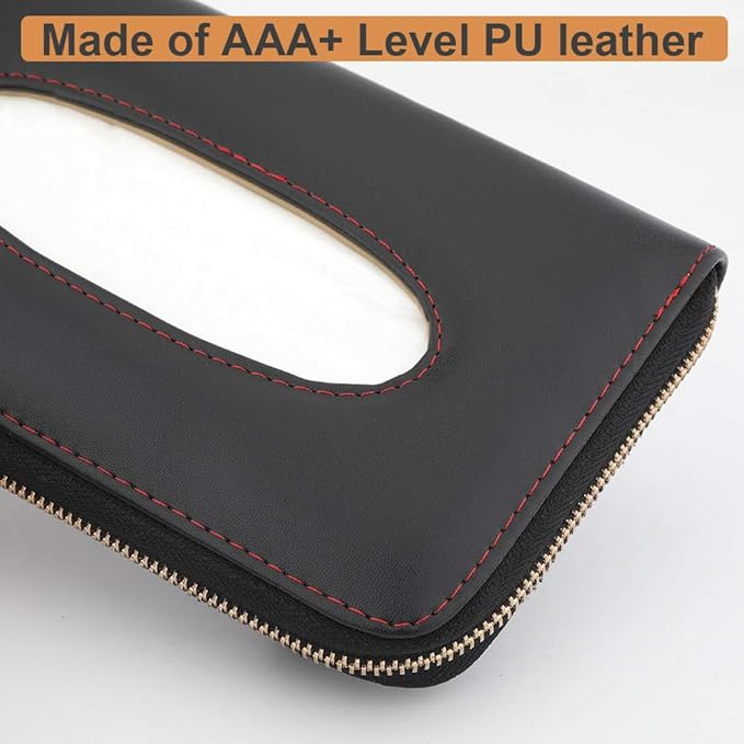 Car Tissue Holder, Sun Visor Tissue Holder, Car Visor Napkin Holder, PU Leather Backseat Tissue Case Holder for Car Vehicle with Zipper (Black)