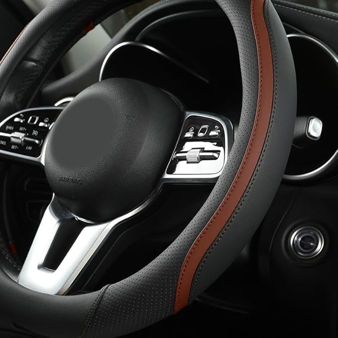 Car Steering Wheel Cover, Leather Steering Wheel Cover Brown Universal 14.5-15 Inch Microfiber Leather Anti-Slip Breathable A