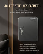 Uniclife 48-Key Steel Key Cabinet with 2 Unlocking Keys Wall Mounted Key Organizer Black Frosted Security Box with Hooks and 