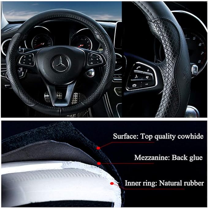 Red Rain Black Leather Steering Wheel Cover Cowhide Wheel Cover Genuine Leather BMW Steering Wheel Cover Universal Size M / 15inch Fit Car/Auto/SUV (A-Black-M)