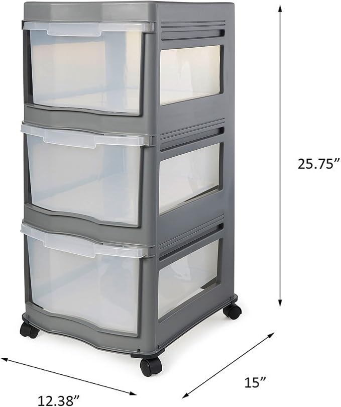 Life Story Classic Gray 3 Shelf Home Storage Container Organizer Plastic Drawers with Wheels for Closet, Dorm, or Office