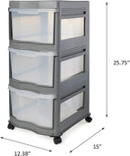 Life Story Classic Gray 3 Shelf Home Storage Container Organizer Plastic Drawers with Wheels for Closet, Dorm, or Office