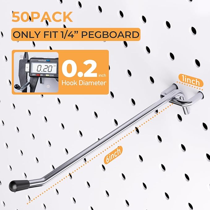 INCLY 50 Pack 6 Inch Pegboard Hooks, 1/4" Heavy Duty Peg Board Hooks Accessories with Rubber Tipped, Peg Board Tool Hangers F