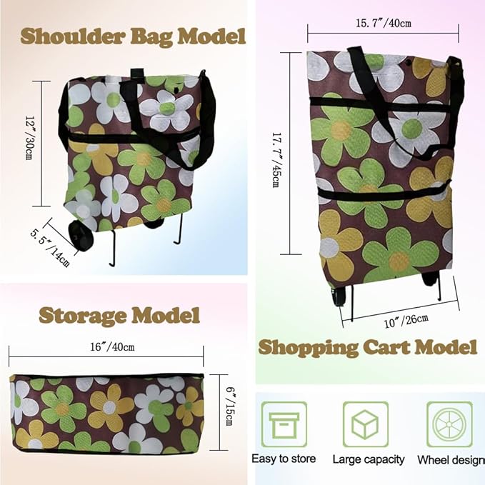 Collapsible Shopping Grocery Bag with Wheels Rolling Tote Bag with Wheels Large Reusable Shopping Bags Foldable Cart(Brown Flower,Large)