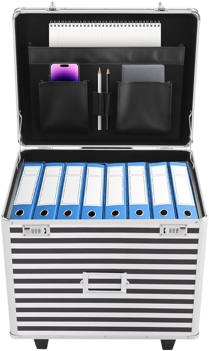 Locking File Box Aluminum Alloy Portable Storage Case with Telescopic Handle Mobile File Organizer with Combination Lock Roll