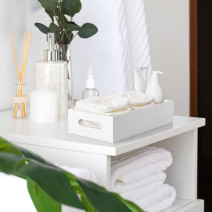 ALELION White Bathroom Basket - Wooden Toilet Tank Paper Basket with Handle for Organizing - Back of Toilet Storage Organizer