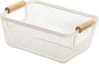 AJIODA Metal Mesh Steel Basket, Small Wire Storage Organizer Basket Multi-function Hanging Kitchen Basket with Wood Handle fo