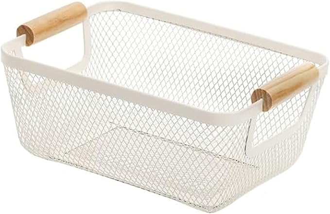 AJIODA Metal Mesh Steel Basket, Small Wire Storage Organizer Basket Multi-function Hanging Kitchen Basket with Wood Handle fo