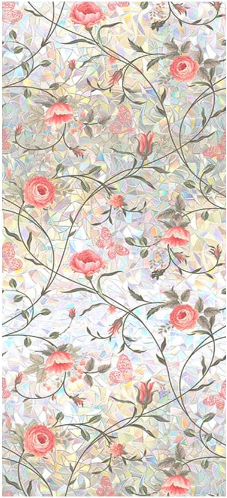 Retro Rose Window Privacy Film,Stained Glass Decals Red Rose Privacy Rainbow Decals Living Room Sun Blocking Decor Removable Static Cling Stickers,16.93x39.37inch