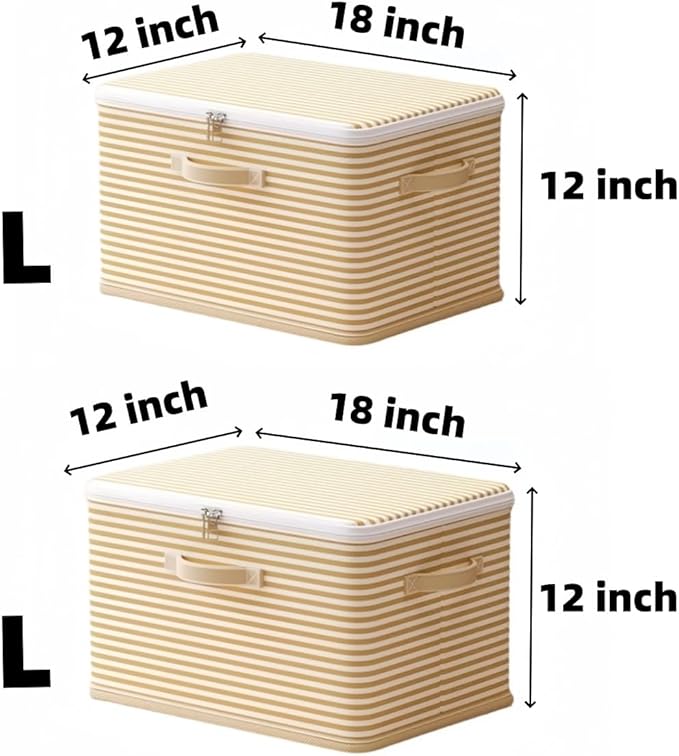 Foldable Storage Containers, Beige Striped Fabric Boxes with Lids, Stackable Closet Organizer Bins for Bedroom, Clothing Stor