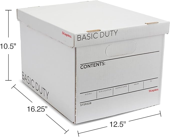 STAPLES Corrugated File Box Lift Off Lid, Letter/Legal Size, White/Black, 10/Pack