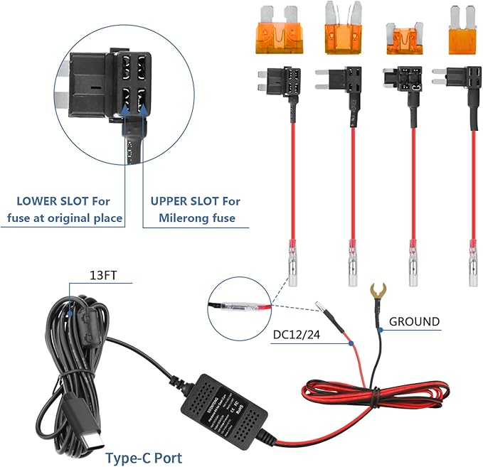 Upgraded Dash Cam Hardwire Kit, Type-C USB Hard Wire Kit 12V-24V to 5V Hardwire Kit with Low Voltage Protection 13ft Dash Cam Charger Power Cord for Dashcam GPS Power Supply Radar Detectors and More