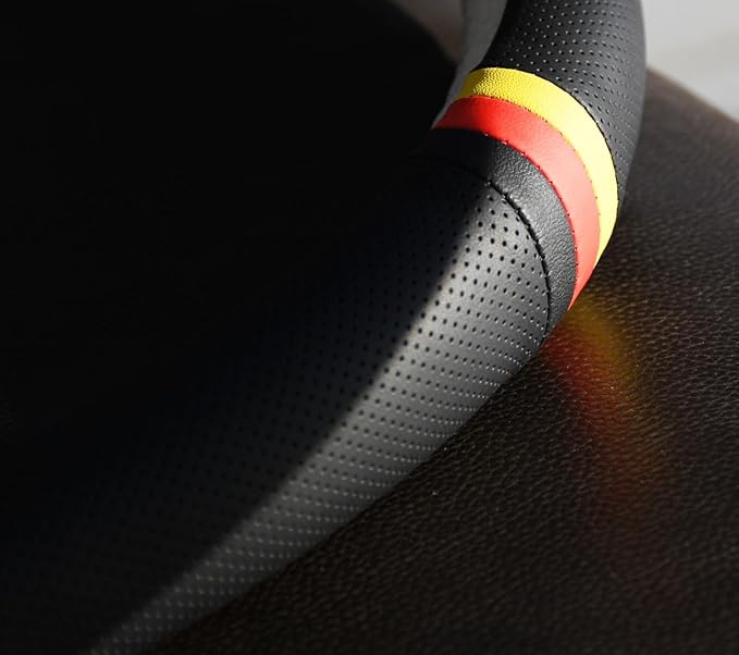 Quick Install Sporty Perforated Nappa Leather Steering Wheel Cover with German Stripes for Porsche Mercedes Audi BMW VW Deutsch-Ness 14.5 to 15 inches SW