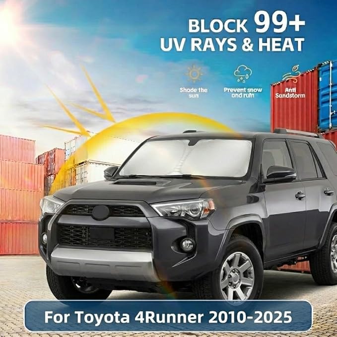 Windshield Sun Shade for Toyota 4Runner 2010-2024 2025 2026 Front Window Shade Custom Fit 4Runner Accessories Sun Visor Foldable Shade Blocks UV Rays Summer Must Have Car Accessories