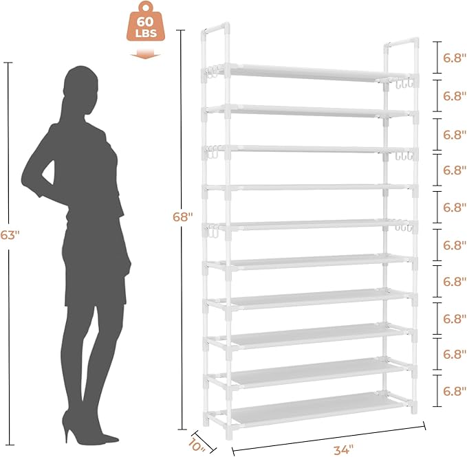 LANTEFUL Tall Shoe Rack 10 Tier Shoe Organizer Large Shoe Shelf with 18 Hooks Storage for 50 Pair Sneaker and Boot, Stackable