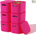 ORGIDOL 6 Pack Pink Storage Bins with Lids Stackable Storage Container for Organizing, Storage Boxes with Handle for Shelves,