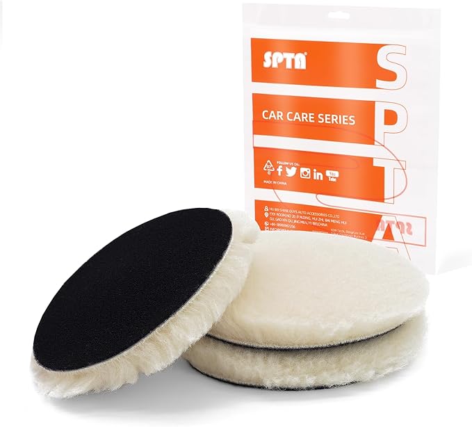 SPTA Wool Buffing Polishing Pads, 3Pcs 6 Inch (150mm) Wool Cutting Pad, Wool Compounding Pad, Buffing and Polishing Pads for 6 Inch Car Polisher Compounding, Polishing, Buffing