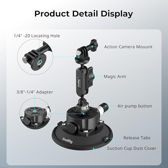 SMALLRIG 4.5" Suction Cup Mount with Ball Head Magic Arm, Camera Mount for DJI Osmo Action 5 Pro/4, for Insta360 x5, for Gopro 13/12,on Car Windshield or Window, Compatible with Action Cameras-5855