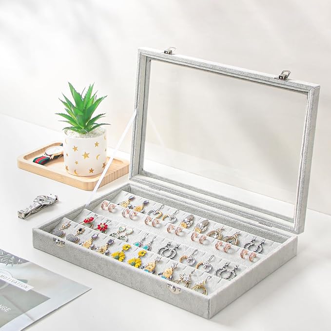 Coward Earring Organizer Tray Box, Grey Beige Velvet Earring Jewelry Display Storage Tray Case with Transparent Glass Lid for