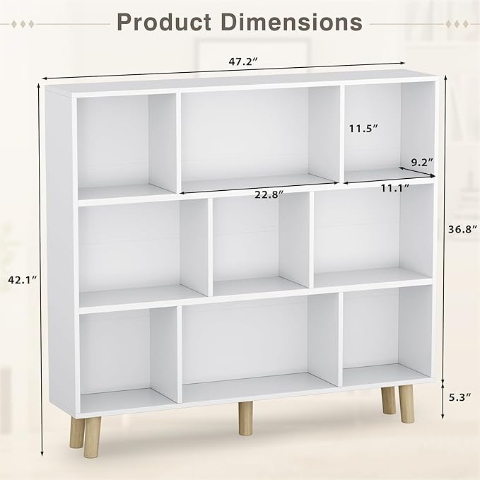 YESHOMY 9 White Cube Bookcase, Open Frame 3-Tier Book Shelf, Bookshelf Storage Organizer with Feet & Anti-Tilt Device for Org