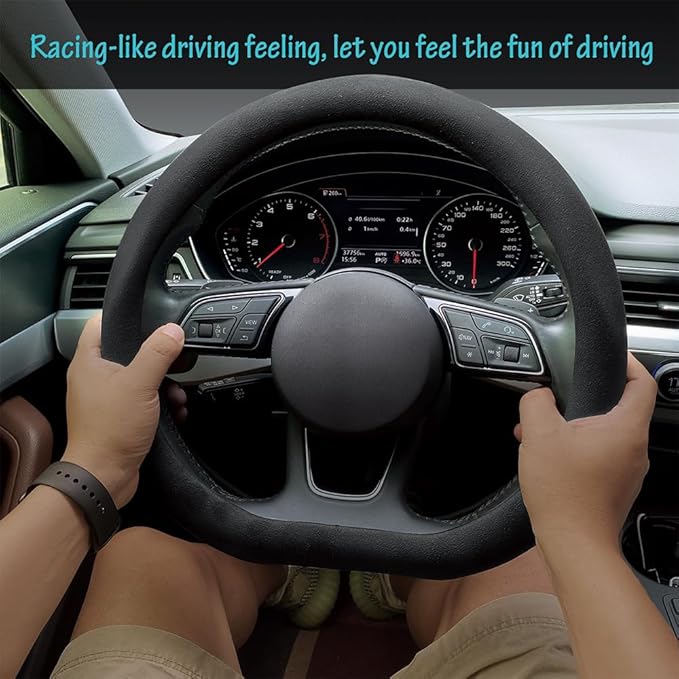 Carodi Suede Steering Wheel Cover ， Non-Slip Leather Car Interior Fitting 15-inch Universal（D-Shape,Black）