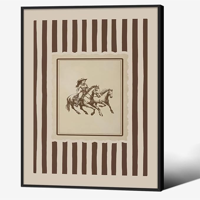 Retro Western Black Framed Wall Art Striped Rodeo Decor Southwest Cowboy Poster Canvas Prints 12x16 in Vintage Stamp Mid West