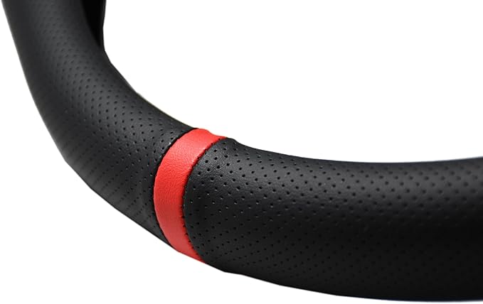 Quick Install Sporty Perforated Nappa Leather Steering Wheel Cover with Red Circular Stripe Trim Universal fit Any 14½ to 15 inches Car Pickup SUV 14.5 to 15 inches SW