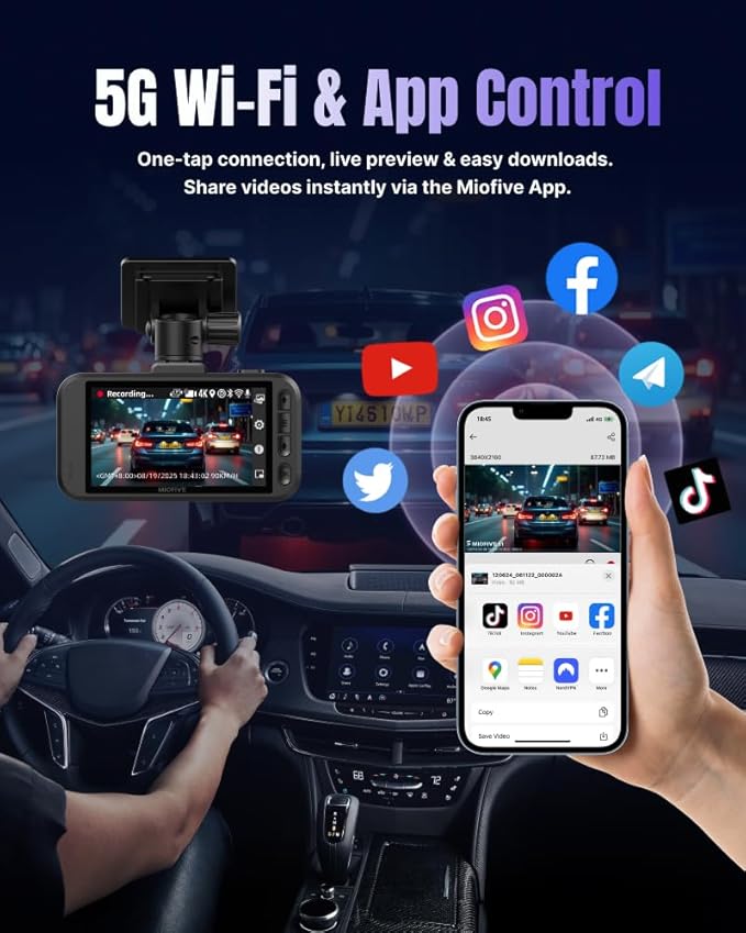 Miofive Dash Cam Front & Rear Dual Channel – Front 4K UHD + Rear 2.5K, Built-in GPS & 5GHz WiFi, 3.0″ IPS Screen, HDR & Night