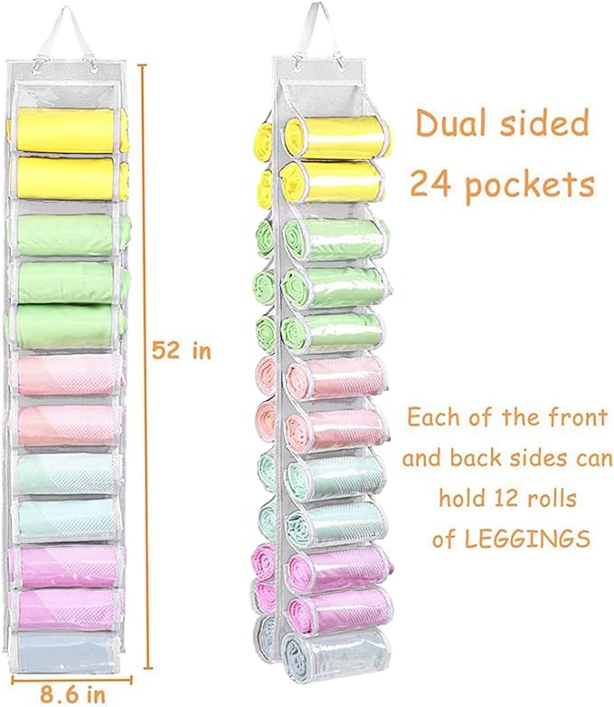 Legging Storage Bag Hanger - Can Hold 24 Leggings, Shirts or Jeans - Foldable Clothes Organizer, Portable Closet Roll Holder 