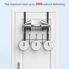 Coat Rack, Over The Door Hanger with Mesh Basket, Detachable Storage Shelf for Towels, Hats, Handbags, Coats (Black)