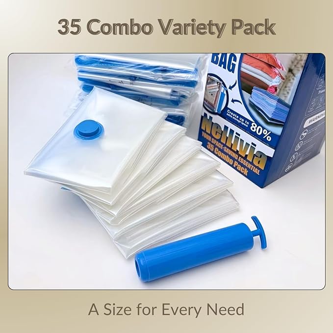35 Pack Vacuum Storage Bags with Hand Pump, Compression Space Saver for Comforter, Bedding, Blanket Storage, Vacuum Seal Bags