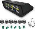 Tire Pressure Monitoring System TPMS, Solar Charge Tire Pressure Monitor with 6 External Sensors & 6 Alarm Modes, 0-144 PSI, Real-time Wireless TPMS for RV SUV Truck - with 6 Tire Valve Caps