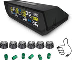 Tire Pressure Monitoring System TPMS, Solar Charge Tire Pressure Monitor with 6 External Sensors & 6 Alarm Modes, 0-144 PSI, Real-time Wireless TPMS for RV SUV Truck - with 6 Tire Valve Caps