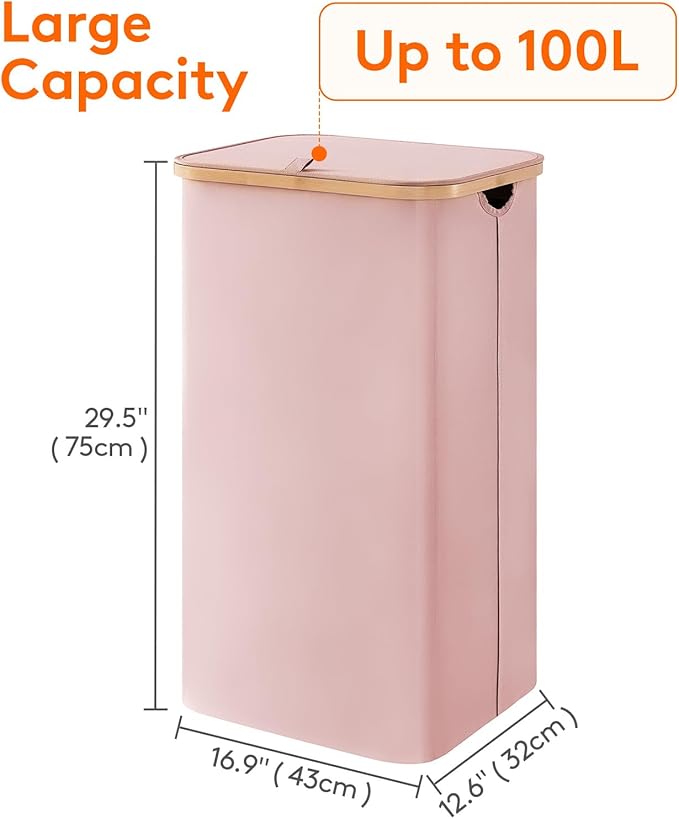 Lifewit 100L Laundry Basket with Lid, Clothes Hampers for Laundry with Bamboo Handles and 1 Removable Bag, Large Foldable Lau