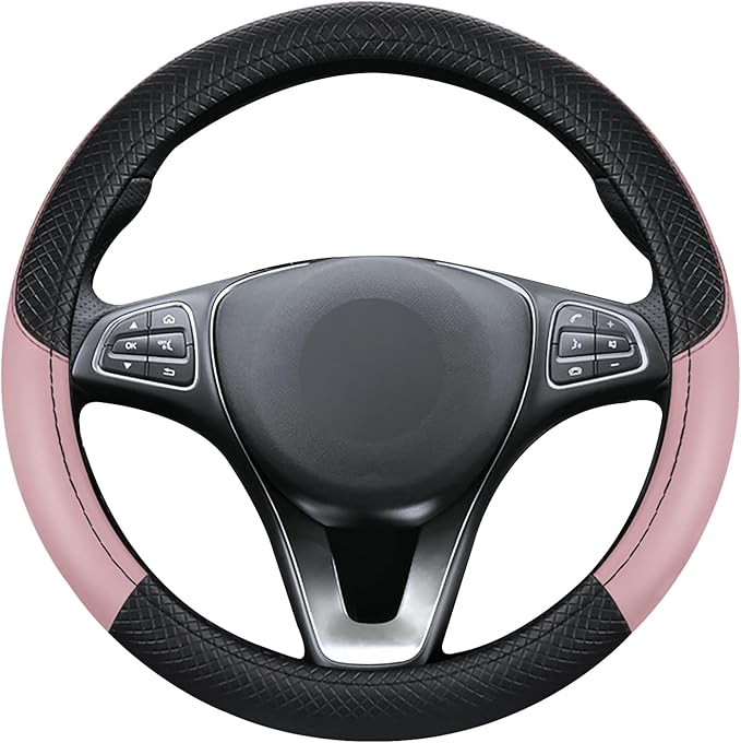 Black & Pink Car Steering Wheel Cover, Microfiber, Leather Patchwork, Universal 14.5-15 Inch Leather Anti-Slip Breathable Aut