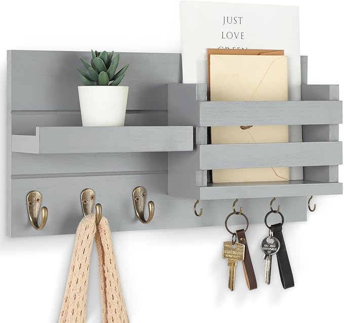 Lwenki Mail Organizer for Wall Mount – Key Holder with Shelf Includes Letter Holder and Hooks for Coats, Dog Leashes – Rustic