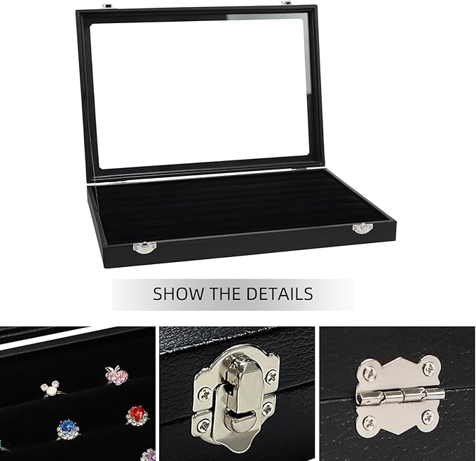 Wudygirl 7 Slots Ring Holder Organizer Box with Transparent Lid Black Jewelry Organizer for Store Display Jewelry Holder for 
