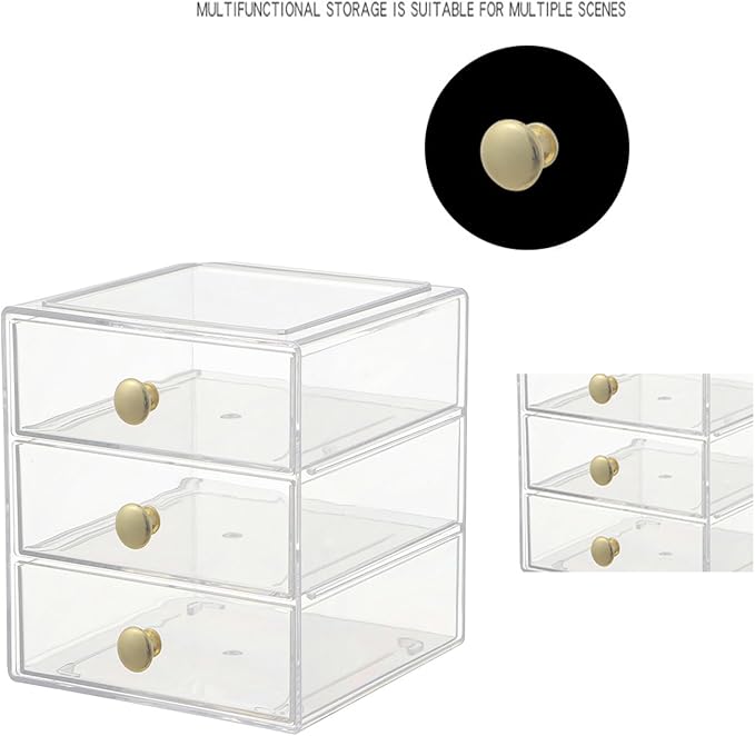 AJIODA Makeup Drawer Organizer Box with 3 Drawers, Acrylic Cosmetic Display Case Vanity Organizer Jewelry Storage Box Stackab