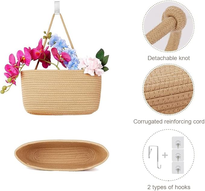 TeoKJ Over the Door Hanging Basket, 3-Tier Woven Cotton Wall-Mounted Storage Organizer Bag Decorative Hanging Nursery Baskets