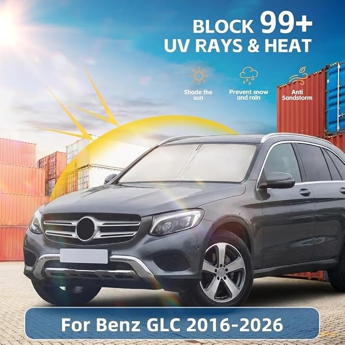 Windshield Sun Shade for Benz GLC 2016-2024 2025 2026 Front Window Shade Custom Fit GLC Accessories Sun Visor Foldable Shade Blocks UV Rays Summer Must Have Car Accessories