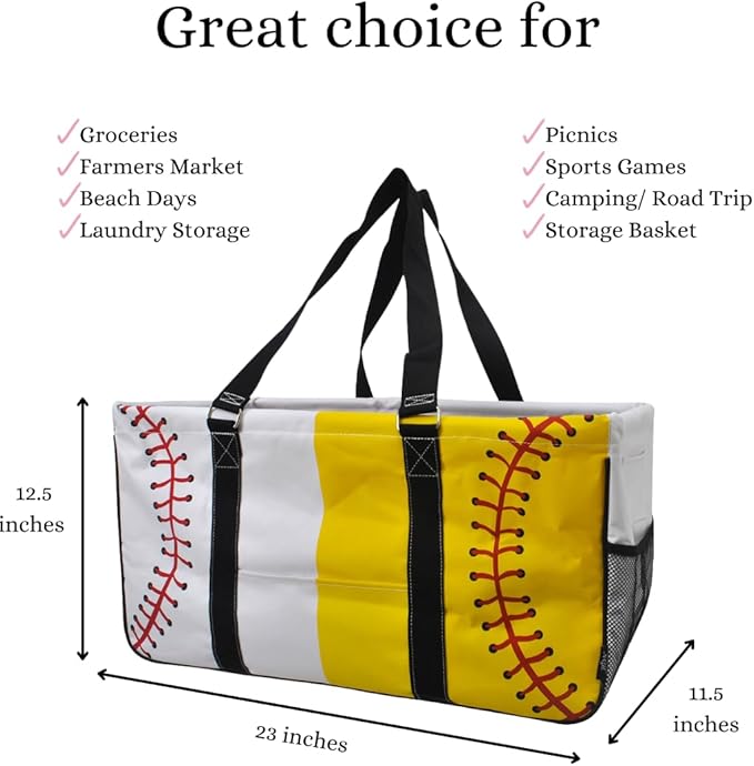 NGIL Extra Large Utility Tote Reusable Grocery Bag Oversized Collapsible for Groceries, Storage, Picnic, Beach (Baseball and Softball-black)