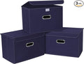 Linen Fabric Foldable Collapsible Storage Cube Bin Organizer Basket Fabric Storage Bins with Lid, Leather Handles, Removable 
