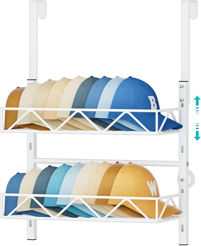 HapiRm Over the Door Hat Organizer - 2 Tier Wall Mounted Hat Rack with 2 Adjustable Metal Basket, Baseball Caps Organizer Sto