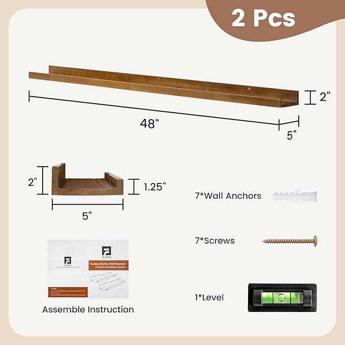 Picture Ledge Wall Shelves 48 inch Width Set of 2, Solid Pine Wood Rustic Floating Ledge Shelves for Wall for Kids' Room Bedr