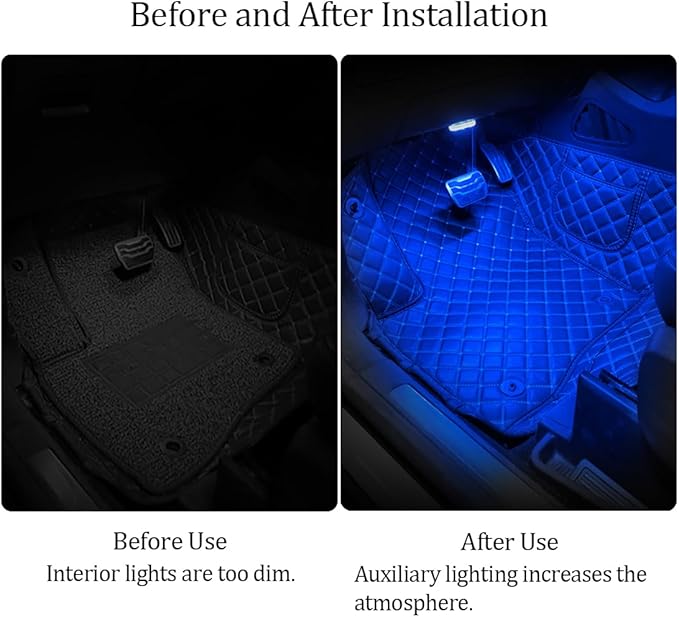 Enhanced color simulation showing 7 color modes of portable car interior LED light including red blue and green
